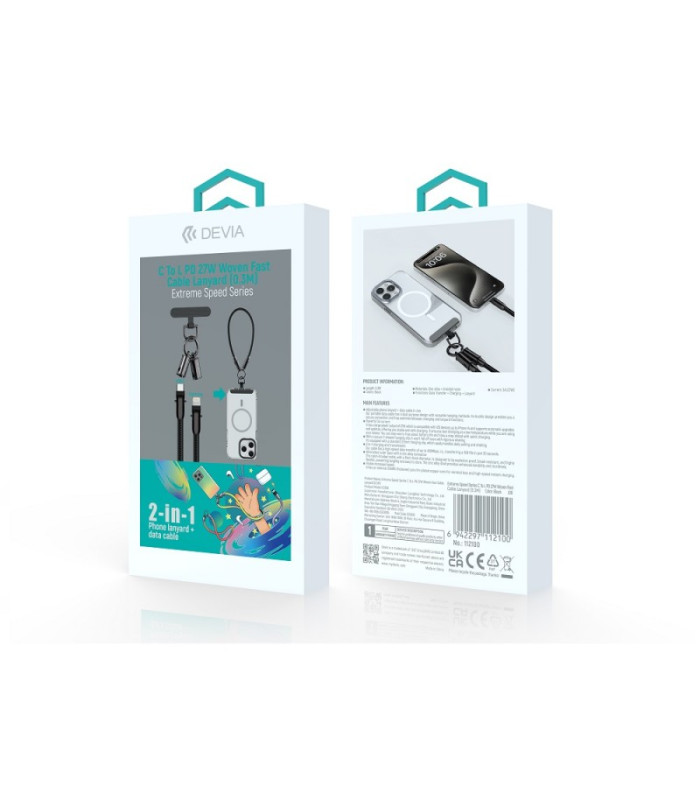 "Devia" kabelio pavadėlis 2in1 PD USB-C - Lightning 0,3 m 27W juodas
