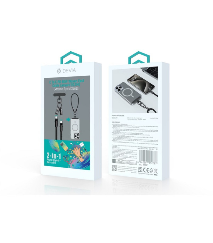 "Devia" kabelio pavadėlis 2in1 PD USB-C - USB-C 0,3 m 60W juodas