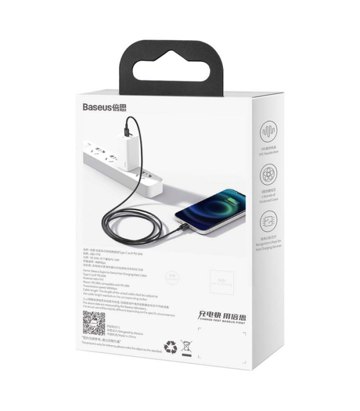 "Baseus" kabelis "Superior PD" USB-C - "Lightning" 1,0 m juodas 20W