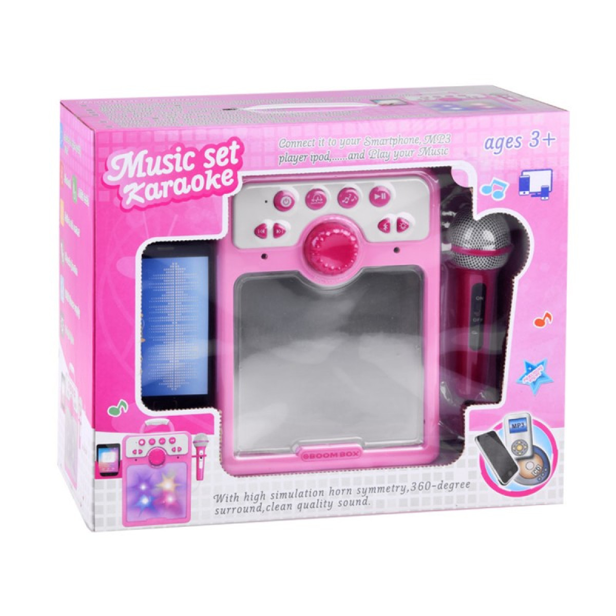 Rožinė muzikinė kolonėlė vaikams Boombox su mikrofonu IN0166