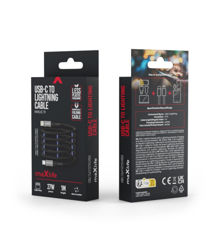 "Maxlife MXUC-11" magnetinis USB-C - "Lightning" kabelis 1,0 m 27W juodas nailonas