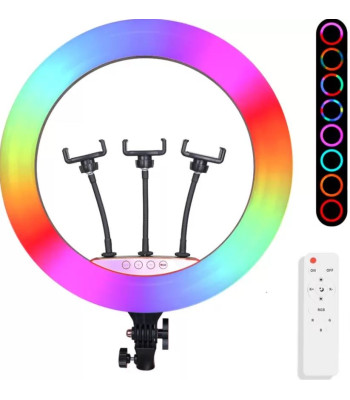 Gredzenveida LED RGB grima lampa 56 cm ar statīvu un 3 tālruņu turētājiem N3287