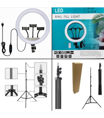 Gredzenveida LED grima lampa 100W ar statīvu un 3 telefona turētājiem